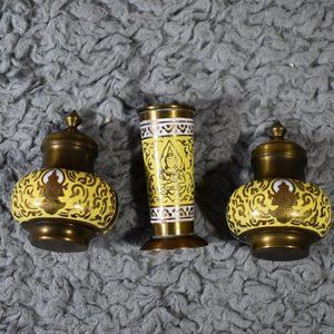 Vintage Brass Krishna Salt and Pepper Shaker with Toothpick Holder Set